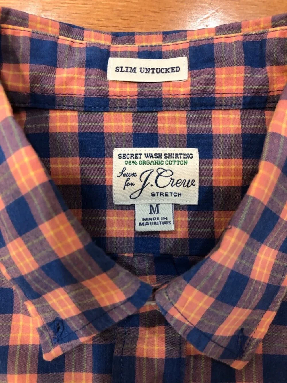 J Crew Slim Untucked Organic Cotton Orange Blue Plaid Button Front Shirt Size M